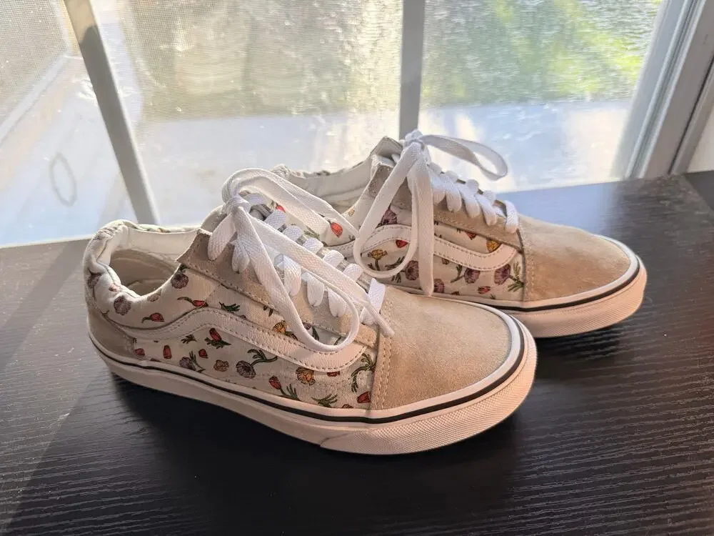 Vans Old Skool Floral Sneakers Womens Size 7.5 White Canvas Suede Lace Up Shoes